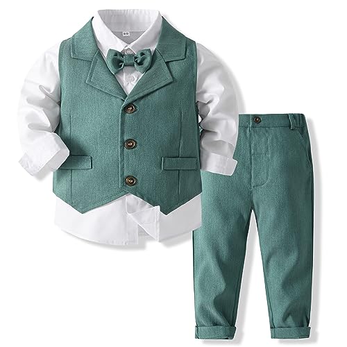 OBEEII Kinder Hochzeits Anzug Set Formelle Kleidung Set Smoking Weste + Hemd mit Fliege + Hosen 3tlg Kleidung Outfits Hochzeit Festliche Anzüge Geburtstagsparty Taufkleidung Grün 3-4 Jahre von OBEEII