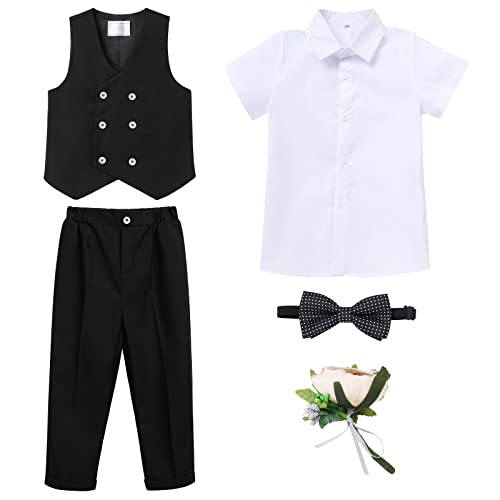 OBEEII Kinder Jungen Einschulung Kleidung Set Weste + Hemd + Hose + Fliege + Blumenbrosche 5tlg Outfit Hochzeit Festliche Anzüge Geburtstagsparty Taufkleidung Schwarz02 5-6 Jahre von OBEEII