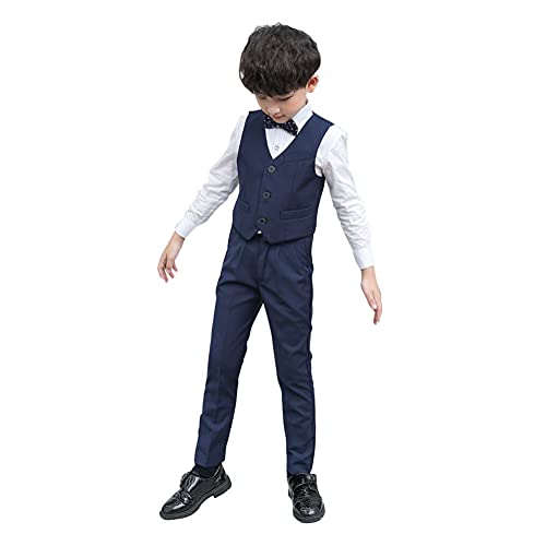 OBEEII Kinder Jungen Einschulung Kleidung Set Weste + Hemd + Hose + Fliege 4tlg Outfit Hochzeit Festliche Anzüge Geburtstagsparty Taufkleidung Navy01 11-12 Jahre von OBEEII