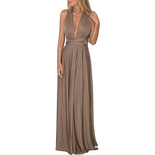 OBEEII Kleider Damen V-Ausschnitt Rückenfrei Neckholder Abendkleider Elegant Cocktailkleid Multi-Way Maxikleid Lang Chiffon Party Kleid Braun XL von OBEEII
