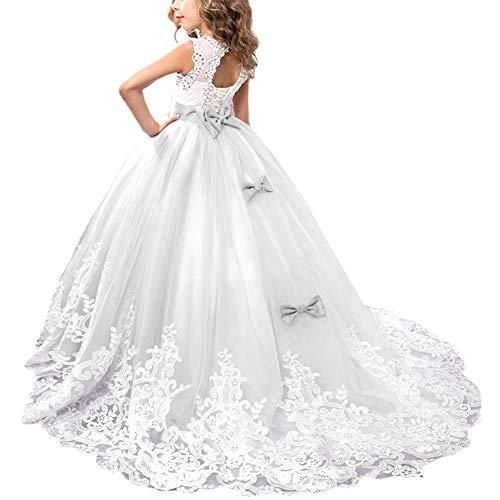 OBEEII Kleider Party Hochzeit Prinzessin Kleid Stickerei Prinzessin Festzug Kleider Abschlussball Ballkleid Blumenmaedchenkleid Formale Partei Lang Schwanz Kleider 4-5 Jahre Weiß von OBEEII