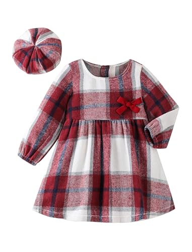 OBEEII M�dchen Kariertes Kleider Flanell Langarm Herbstkleid Kinder A-Linie Ruffle Weihnachtskleid Knielang Kariert Freizeitkleid mit Beret Burgunderrot 2-3 Jahre von OBEEII
