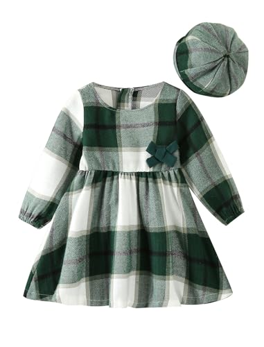 OBEEII M�dchen Kariertes Kleider Flanell Langarm Herbstkleid Kinder A-Linie Ruffle Weihnachtskleid Knielang Kariert Freizeitkleid mit Beret Gr�n 2-3 Jahre von OBEEII