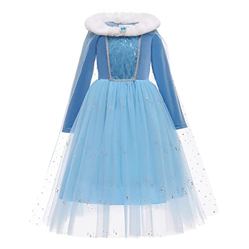 OBEEII Madchen Prinzessin ELSA Kleid Kostüm Eiskönigin 2 Langarm Samt ELSA Kostüm für Karneval Party, Verkleidung Halloween Fest 5-6 Jahre von OBEEII