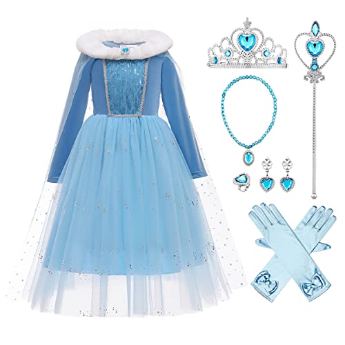 OBEEII Madchen Prinzessin ELSA Kleid Kostüm Eiskönigin 2 Langarm Samt ELSA Kostüm für Karneval Party, Verkleidung Halloween Fest 6-7 Jahre von OBEEII