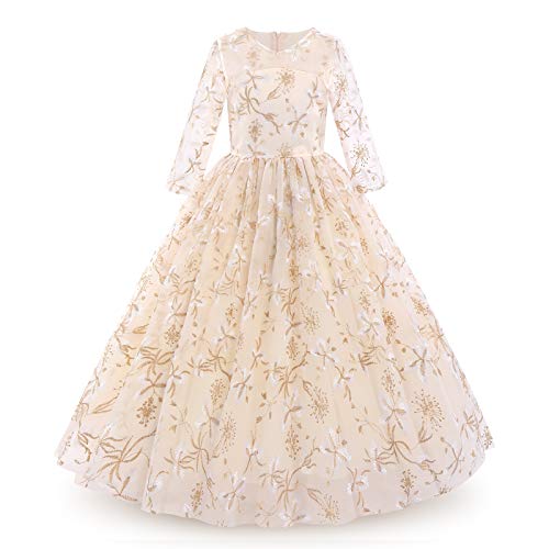 OBEEII Mädchen Blumen Spitze Tüll Partykleid Prinzessin Bowknot Hochzeit Festliche Brautjungfer Prom Ballkleid Abendkleid Kleider Champagner 11-12 Jahre von OBEEII