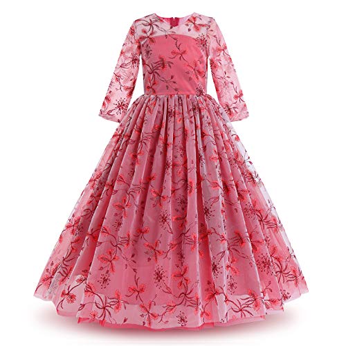 OBEEII Mädchen Blumen Spitze Tüll Partykleid Prinzessin Bowknot Hochzeit Festliche Brautjungfer Prom Ballkleid Abendkleid Kleider Weinrot 9-10 Jahre von OBEEII