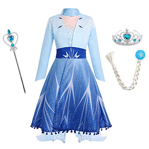 OBEEII Mädchen ELSA Kleid Eiskönigin2 Prinzessin Kostüm Weihnachten Karneval Verkleidung Geburtstag Partykleid Fancy Dress Up Kleid Outfits Blau 4-5Jahre von OBEEII