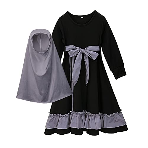 OBEEII Mädchen Gebetskleidung Kinder Muslimisches Islamische Abaya Langarmkleid mit Hijab 2 Stück Outfits Muslim Dubai Ramadan Corban Traditionelle Bekleidungssets Grau+Schwarz C 3-4 Jahre von OBEEII
