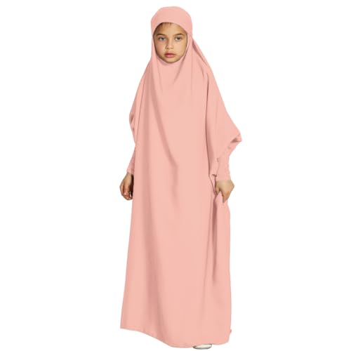 OBEEII Mädchen Hijab Muslimisch Kleid Einfarbig Dubai Islamische Türkisches Katfan Muslimische Robe Rosa 12-13 Jahre von OBEEII