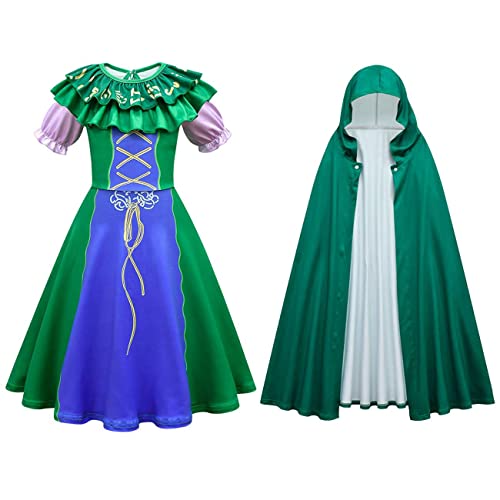 OBEEII Mädchen Hokuspokus Kostüm Sanderson Sister Kostüm Mary Sarah Winifred Halloween Kostüm Kleid mit Umhang für Geburtstag Karneval Cosplay Party Verkleidung Grün05+Mantel 11-12 Jahre von OBEEII
