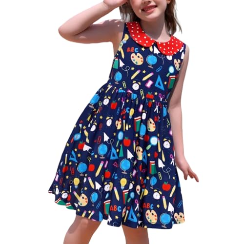 OBEEII Mädchen Kleid Sommerkleid Ärmellos Partykleid Festlich Baumwolle Rüschen Elastischer Bund Bedruckte Muster 3-7 Jahre Dunkelblau 6-7Y von OBEEII