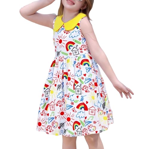 OBEEII Mädchen Kleid Sommerkleid Ärmellos Partykleid Festlich Baumwolle Rüschen Elastischer Bund Bedruckte Muster 3-7 Jahre Weiß Rock Gelb Kragen 6-7Y von OBEEII