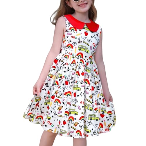 OBEEII Mädchen Kleid Sommerkleid Ärmellos Partykleid Festlich Baumwolle Rüschen Elastischer Bund Bedruckte Muster 3-7 Jahre Weiß Rock Rot Kragen 5-6Y von OBEEII