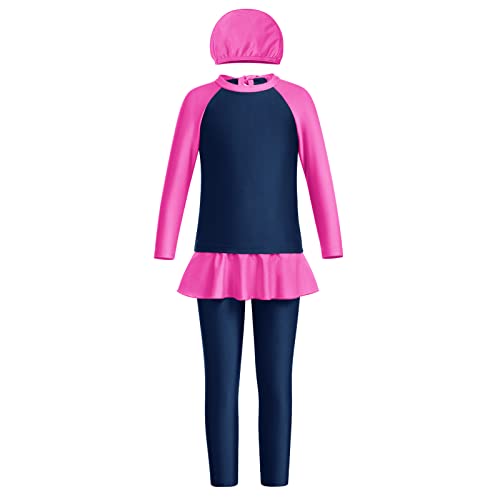 OBEEII Mädchen Muslimischer Badeanzug Bescheidener Modischer Badeanzug und Lange Burkini-Hose mit Badekappe Muslimische Bademode Badeanzug Full Cover 3-teilige Outfits Navy Blau 9-10 Jahre von OBEEII