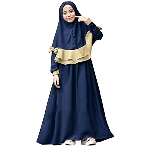 OBEEII Mädchen Muslimisches Kleidung Set Kinder Baby Mädchen Islamische Abaya Langarmkleid mit Hijab 2 Stück Outfits Dubai Ramadan Corban Traditionelle Bekleidungssets Blau B 6-7 Jahre von OBEEII