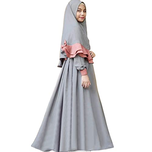 Mädchen Muslimisches Kleidung Set Kinder Baby Mädchen Islamische Abaya Langarmkleid mit Hijab 2 Stück Outfits Dubai Ramadan Corban Traditionelle Bekleidungssets Grau B 7-8 Jahre von OBEEII