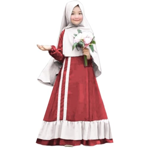 OBEEII Mädchen Muslimisches Kleidung Set Kinder Baby Mädchen Islamische Abaya Langarmkleid mit Hijab 2 Stück Outfits Dubai Ramadan Corban Traditionelle Bekleidungssets Rot D 13-14 Jahre von OBEEII