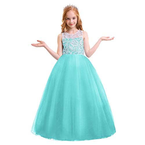 OBEEII Mädchen Prinzessin Blumenspitze Chiffon Kleid Festlich Elegante Ärmellos Kleid Sommer für Hochzeit Brautjungfer Geburtstag Party Jugendweihe Fasching Cocktail Prom Grün 8-9 Jahre von OBEEII