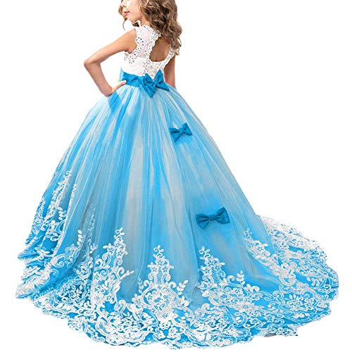 OBEEII Mädchen Spitze Tüll Gestickte Prinzessin Prom Ballkleid Formale Partei Lang Schwanz Kleider 6-7 Jahre Himmelblau von OBEEII