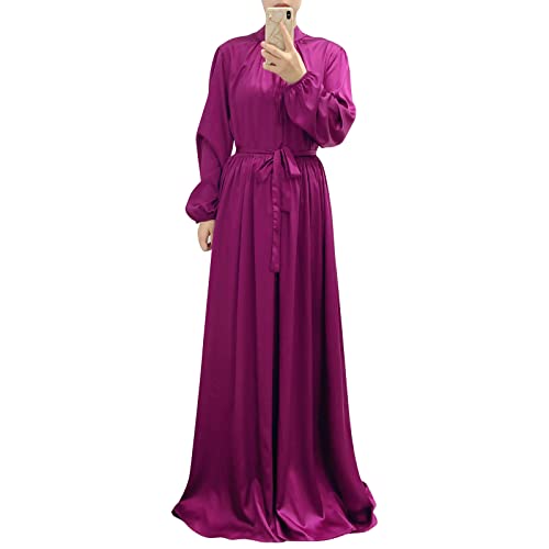 OBEEII Maxikleider Damen Satin Tunika Kleider Boho Kleid Midikleid Sommer Muslimisches Gebetskleid für Damen Ärmel des Bischofs Selbstschnürung Vollständige Abdeckung Lila M von OBEEII