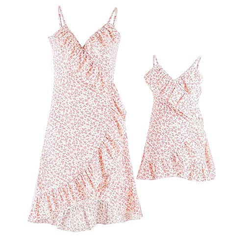 OBEEII Mütter und Tochter Sommerkleid Kurzarm Familie Blumenmuster MiniKleid Strandkleid Partykleid Mama und Ich Kleidung Set Rosa02 2 Jahre von OBEEII