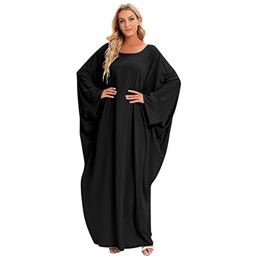 OBEEII Muslim Frauen Einfarbig Ärmel Langes Kleid Dschilbab Dubai Türkei Maxi Abaya Kaftan mit Voller Länge Kleid Kleidung Gebetskleid den Ramadan für Ethnische Schwarz + Kopftuch Einheitsgröße von OBEEII