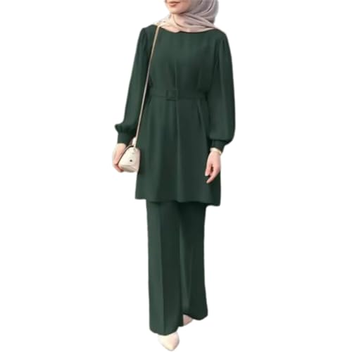 OBEEII Muslim Kleid Set Frauen Langarm Top + Lang Hose 2 Teiler Ramadan Corban Outfit Dubai Türkisches Naher Osten Arabisch Islamische Kleidung Grün 2XL von OBEEII