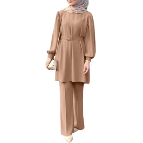 OBEEII Muslim Kleid Set Frauen Langarm Top + Lang Hose 2 Teiler Ramadan Corban Outfit Dubai Türkisches Naher Osten Arabisch Islamische Kleidung Khaki M von OBEEII