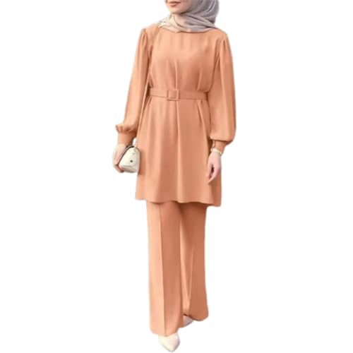 OBEEII Muslim Kleid Set Frauen Langarm Top + Lang Hose 2 Teiler Ramadan Corban Outfit Dubai Türkisches Naher Osten Arabisch Islamische Kleidung Orange XL von OBEEII