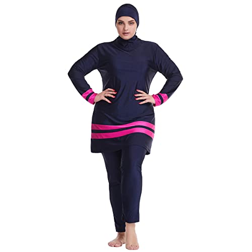 OBEEII Muslimische Badeanzüge für Frauen, Übergröße, Volle Abdeckung, Burkini Frauen Tankini Langarm Capri Badeanzug + Schwimmhose mit Badekappe Zum Surfen Tauchen Dunkelblau01 3XL von OBEEII