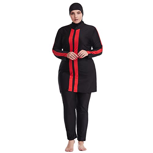 OBEEII Muslimische Badeanzug Damen Neu 3 Stück Langarm Modest Bademode Islamisch Arabisch Schwimmkostüm Badekappe Burkini Built in Bra Full Cover Muslim Swimsuits Rot 3XL von OBEEII