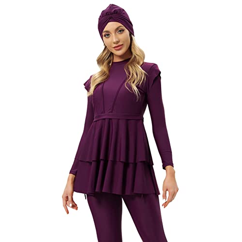 OBEEII –Muslimische Badeanzug Damen Neu 3 Stück Langarm Modest Bademode Islamisch Arabisch Schwimmkostüm Hijab Burkini Full Cover Muslim Swimsuits Rotwein XXXX-L von OBEEII