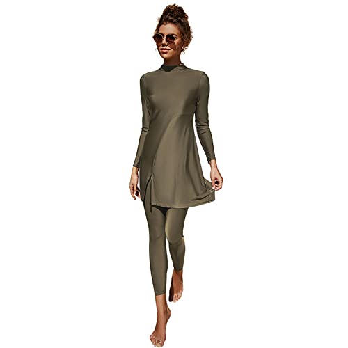 OBEEII Muslimische Bademode Badeanzug Full Cover Bescheidene Badebekleidung Modest Muslim Swimwear Beachwear Burkini Langarm Tops und Hose 2-Teilige Modest Bademode Sets Braun Grün02 M von OBEEII