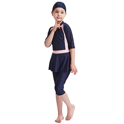 OBEEII Muslimische Bademode Kinder Top-Qualität Modest Badeanzug für Islamische Junge Mädchen Eltern-Kind Swimwear Muslim Swimsuit Dunkelblau01 C 7-8 Jahre von OBEEII