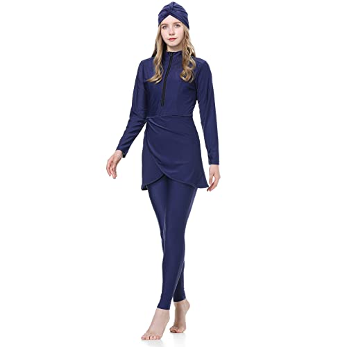 OBEEII Muslimische Bademode für Frauen Modest Solid Color Bademode Islamische Bademode Hijab Burkini Tankini Bademode, 3-teiliger Muslimischer Badeanzug für Frauen Navy C M von OBEEII