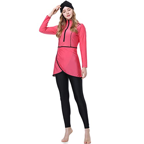 OBEEII Muslimische Bademode für Frauen Modest Solid Color Bademode Islamische Bademode Hijab Burkini Tankini Bademode, 3-teiliger Muslimischer Badeanzug für Frauen Rosa C L von OBEEII