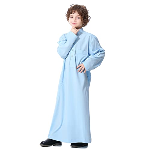 OBEEII Muslimische Kinder Jungen Thobe Islamischer Araber Dubai Naher Osten Langarm Robe Ramadan Corban Abaya Kaftan Gebetskleidung Blau 13-14 Jahre von OBEEII