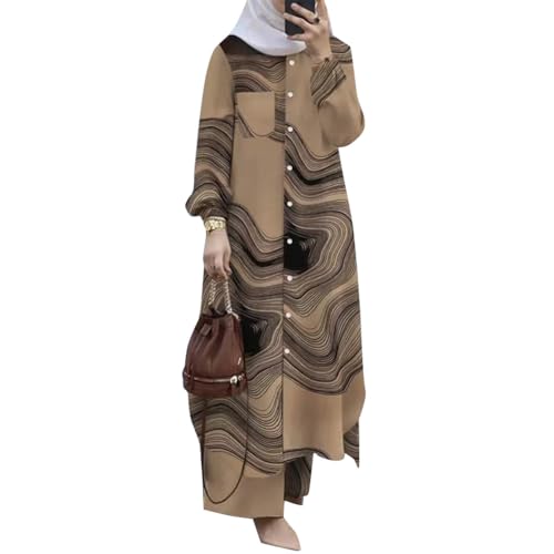 OBEEII Muslimische Kleider für Damen 2 Teiler Corban Ramadan Outfit Langarm Oberteile Robe Und Hosen Dubai Türkisches Naher Osten Arabisch Islamische Kleidung Khaki L von OBEEII