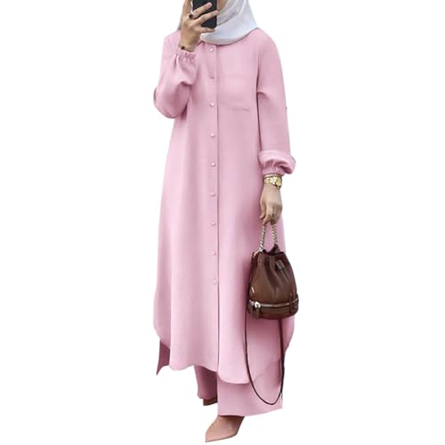 OBEEII Muslimische Kleider für Damen 2 Teiler Corban Ramadan Outfit Langarm Oberteile Robe Und Hosen Dubai Türkisches Naher Osten Arabisch Islamische Kleidung Rosa02 L von OBEEII