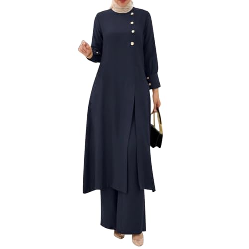 OBEEII Muslimische Kleider für Damen 2 Teiler Corban Ramadan Outfit Langarm Oberteile Und Hosen Naher Osten Dubai Türkisches Islamische Kleidung Navy 3XL von OBEEII