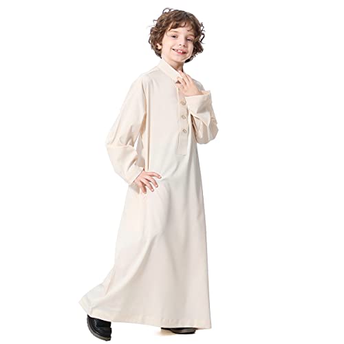 OBEEII Muslimische Robe für Jungen, Kinder Mittlerer Osten Araber Dubai Islamischer Abaya Kaftan Gebetskleidung Langarm Teen Thobe Beige 5-6 Jahre von OBEEII