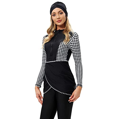 OBEEII Muslimischer Badeanzug Damen Muslimische Bademode Bescheidene Beachwear Burkini, Damen Langer Ärmel Burkini Islamischer Badeanzug mit Hijab Schwarz-Weiß-Plaid M von OBEEII