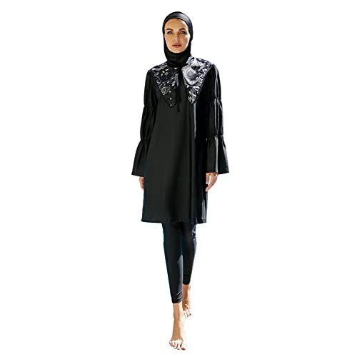 OBEEII Muslimischer Badeanzug für Damen, Dreiteiliger Einfarbiges Oberteil + Hose +Hijab Halstuch, Volle Abdeckung Damenmode Sexy Bikini-Set Sommerliches arabisches Langarm-Badeanzug-Set Schwarz01 XL von OBEEII