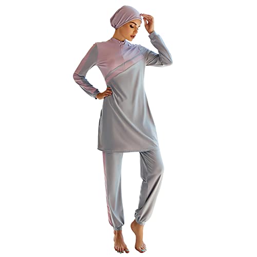 OBEEII Muslimischer Badeanzug für Damen, Dreiteiliger Einfarbiges Oberteil + Hose +Hijab Halstuch, Volle Abdeckung Damenmode Sexy Bikini-Set Sommerliches arabisches Langarm-Badeanzug-Setc Grau B L von OBEEII