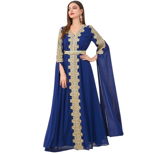 OBEEII Muslimisches Abendkleid für Damen, Dubai Stil Kaftan Robe in Voller Länge Stickerei Blumendruck Islamische Türkische Marokkanische Kleider für Ethnische, Hochzeit, Abend, Party Navy XL von OBEEII