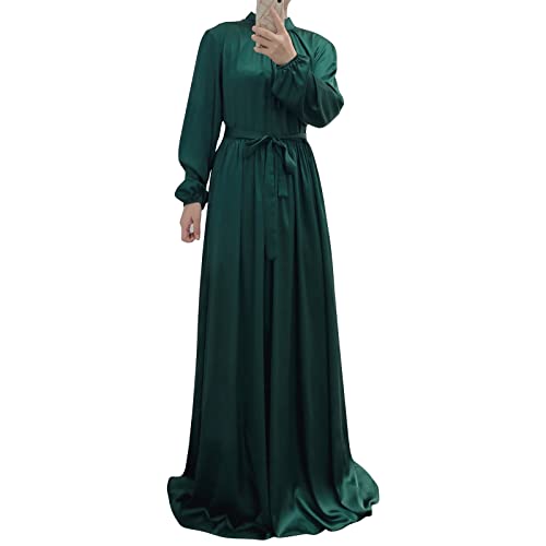 OBEEII Muslimisches Einfarbig Einteiliges Gebetskleid Full Cover Islamic Abaya Kaftan Satin-Gewand für Damen Konservative Kleidung den Ramadan für Ethnische, Abend, Party Dunkelgrün L von OBEEII