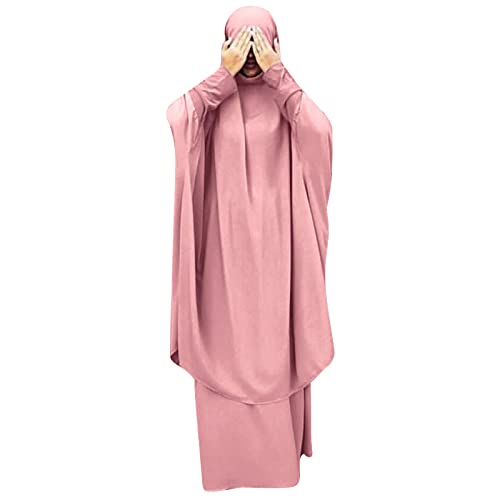 OBEEII Muslimisches Einteiliges Gebetskleid für Damen Abaya Kleid Islamischer Naher Osten Dubai Türkei Maxi Abaya Kaftan mit Hijab Kleid in voller Länge Robe Rosa Einheitsgröße von OBEEII