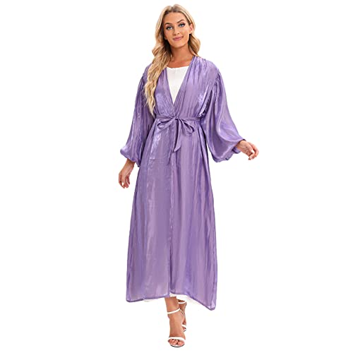 OBEEII Muslimisches Kleid Frauen Women Dubai Kaftan Farasha Caftan Long Maxi Strickjacke Lange Ärmel Ethnic Kleid Abaya Muslim Damen Saudi Muslim Roben Frauen Sonnenschutz Violett S von OBEEII