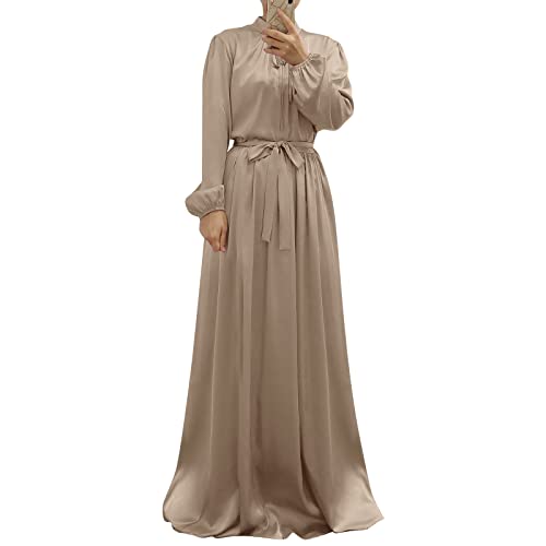OBEEII Muslimisches Kleid für Frauen, volle Abdeckung, langärmlig, Satin, islamisch, arabisch, Maxikleid mit Hijab Abaya Kaftan Kleidung, champagnerfarben, 36 von OBEEII